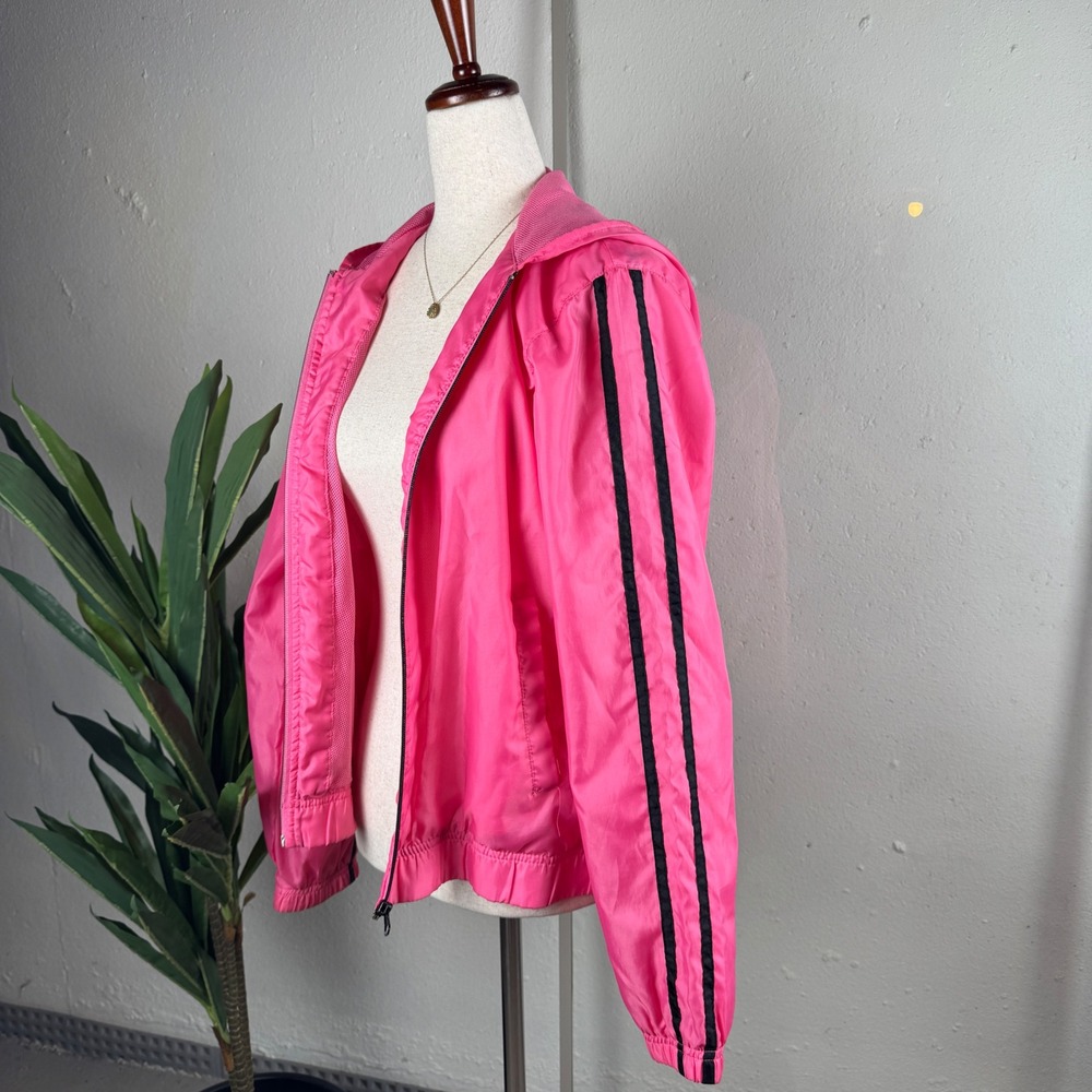 Barbiecore Sporty Vintage 90s Windbreaker Hot Pink Hooded Stripe Jacket Small